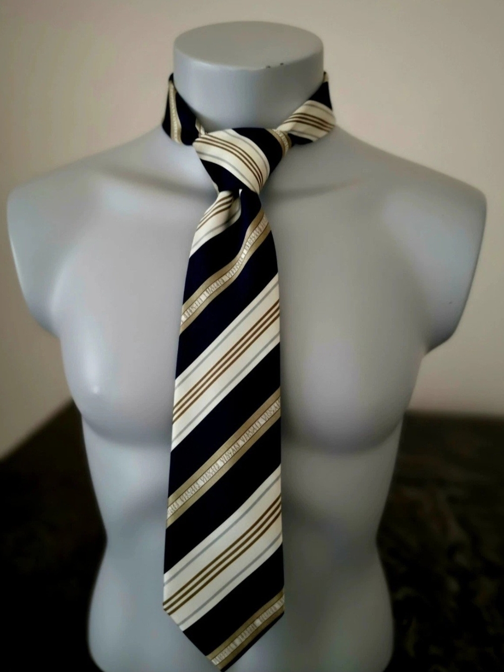Authentic Vintage Versace Silk Tie – Navy Blue, Cream & Gold Regimental Stripe